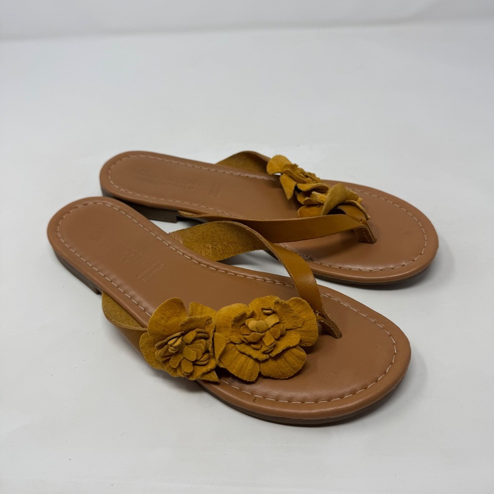 Fabio Maggenti Italian Leather Floral Thong Sandals Mustard Yellow Womens Size 9